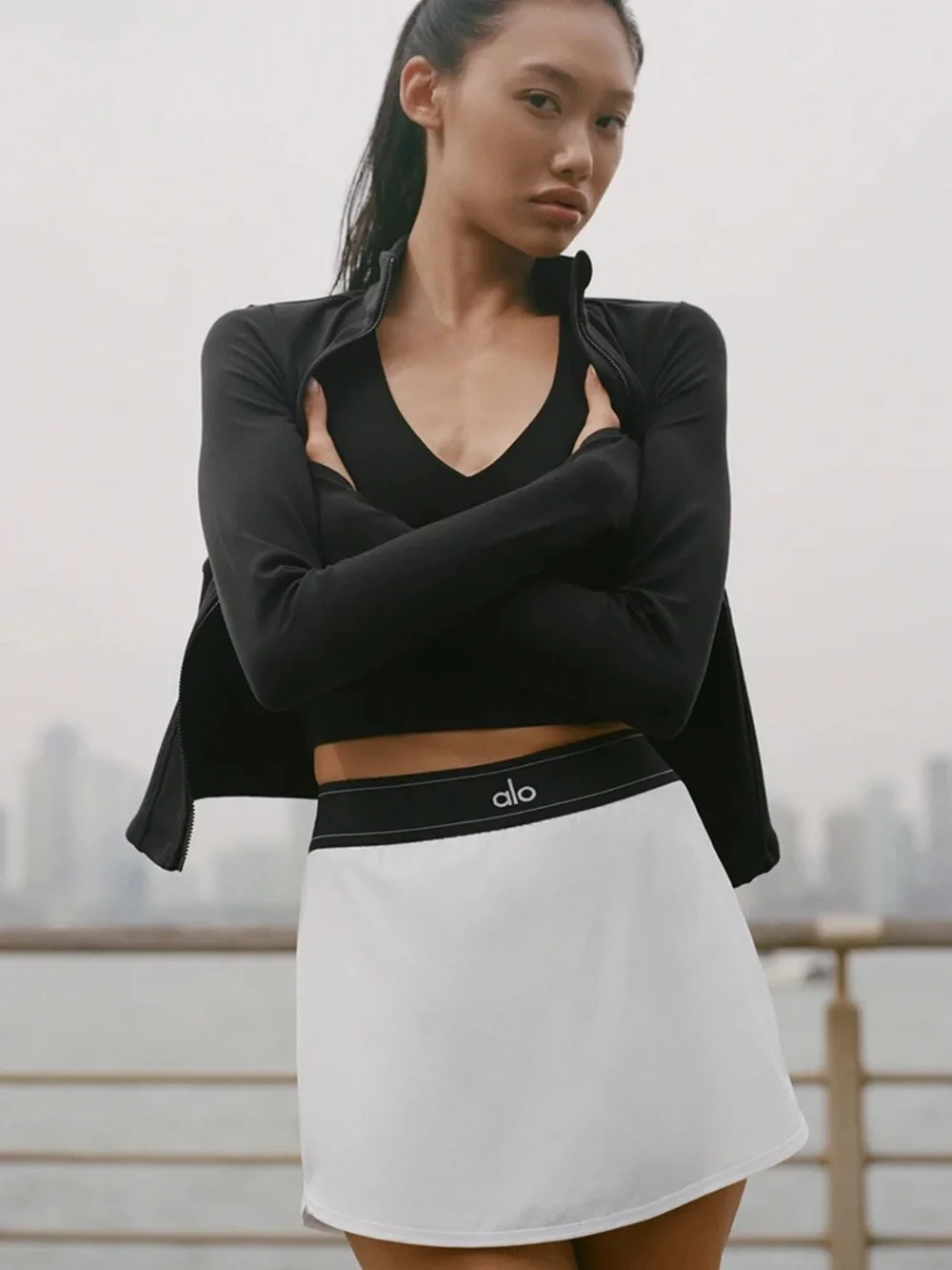 ALO Yoga White Mini Skort with Black Waistband